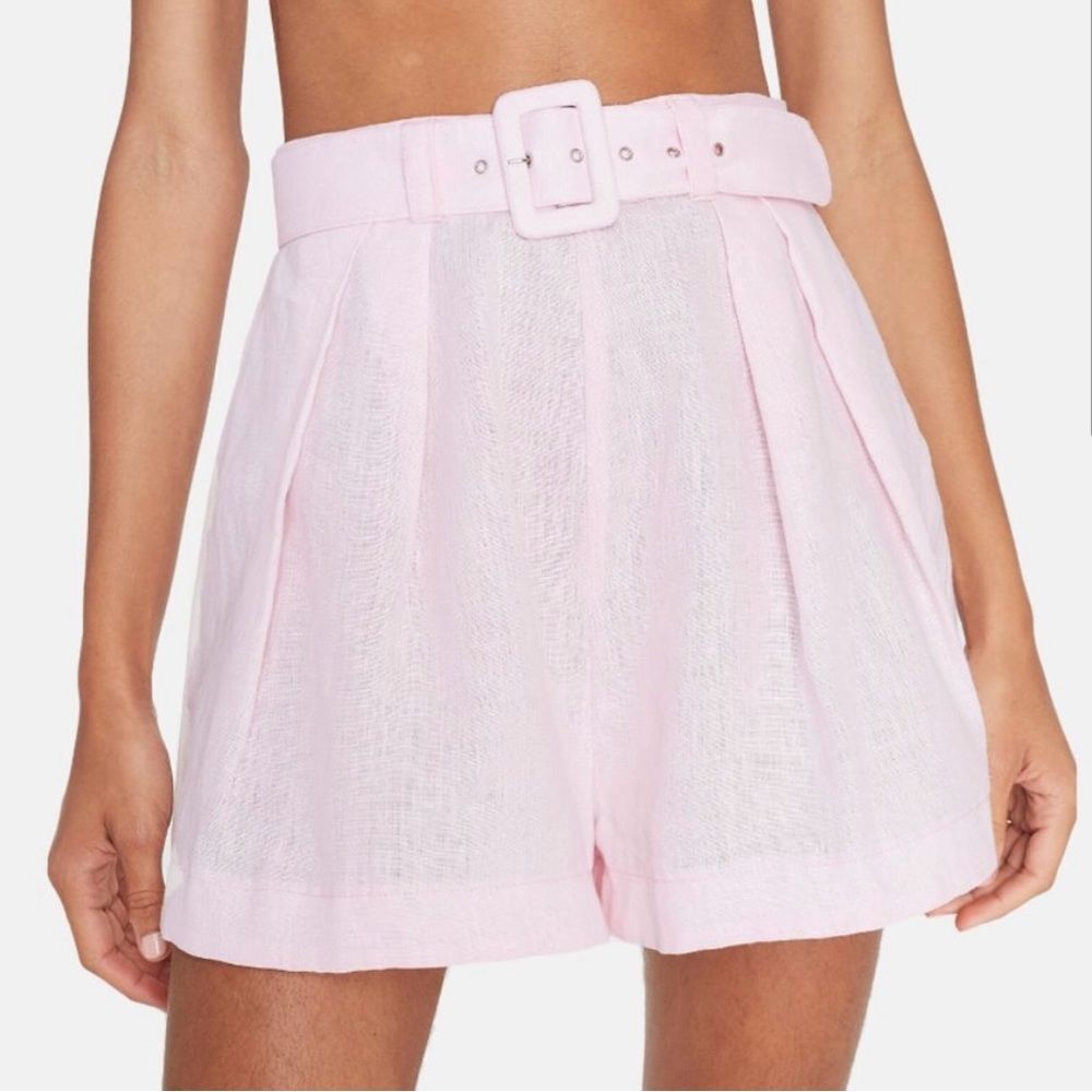 Faithful the Brand Priscilla Light Pink High Waisted Pleated Belted Linen Shorts